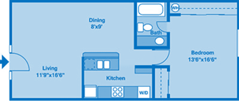 A floorplan showing one bedroom and one bath.